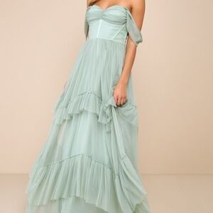 Lulus Stunning Personality Sage Green Mesh Off-the-shoulder Maxi Dress - Size S